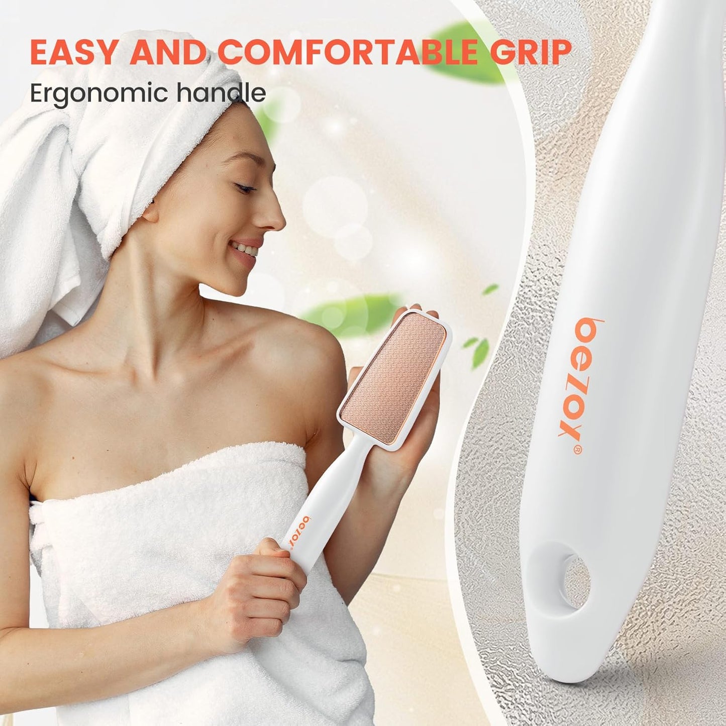 BEZOX Long Handle Glass Foot File Callus Remover, Foot Scrubber for Dead Skin, Cracked Heel Foot Scraper - White
