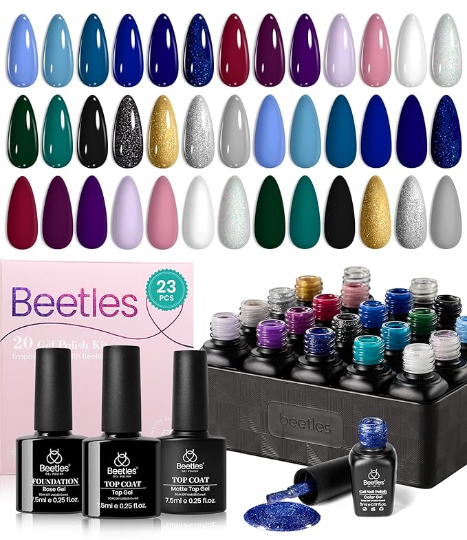 Beetles Winter Gel Nail Polish Set Navy Blue Burgundy Purple Green Black Goloden Pink Gel Polish 20 Colors Celestial Collection Deep Color Nail polish Soak off UV LED DIY Salon Gift for Women
