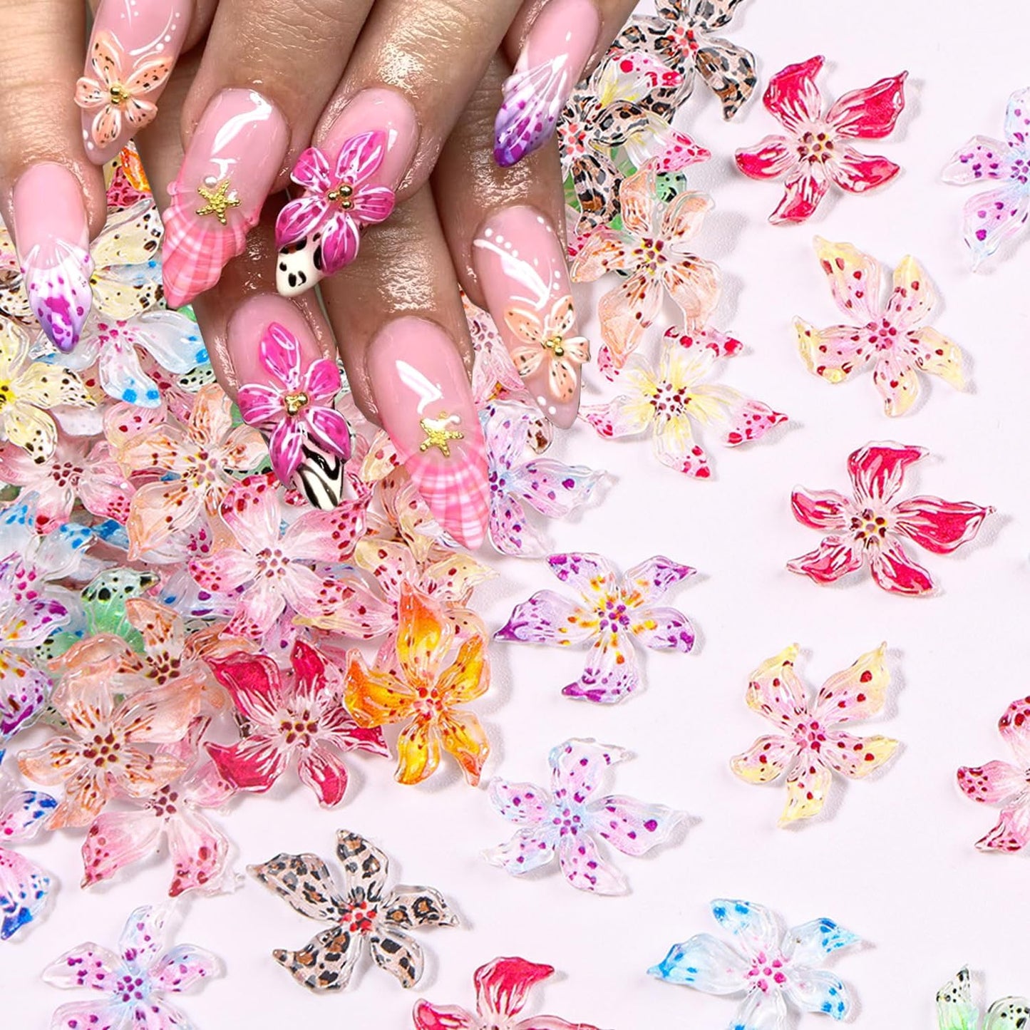 3D Hawaii Flowers for Nails,Spring Hibiscus Floral Nail Art Charms Lily Flowers for Nail Rhinestones Craft Multi-Color Petal Relief Flower Charms for Summer Acrylic Nail Jewelry Manicure Accessories
