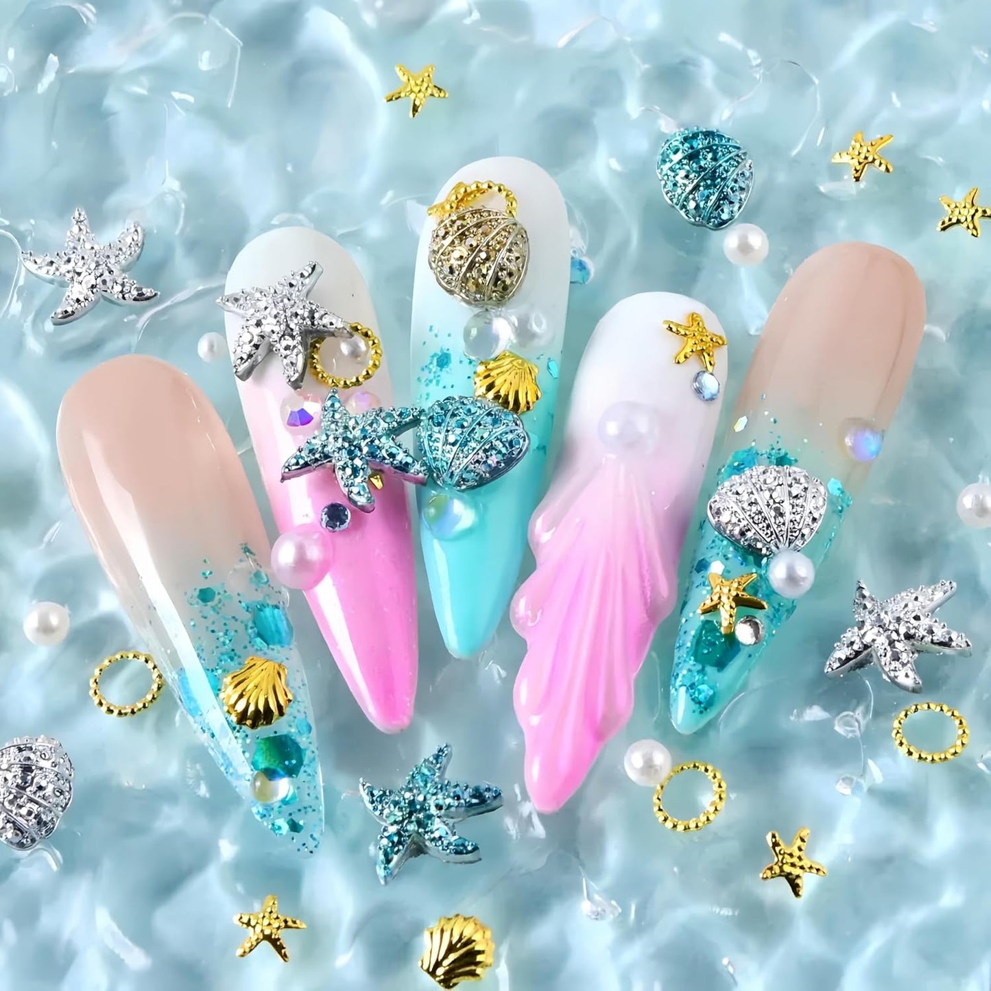 100Pcs Summer Starfish Nail Charms Pearls Seashell Starfish Gold Nail Rhinestones Ocean Theme Design Nail Gems 3D Nail Steel Studs Silver Blue Shell Nail Supplies Summer Beach DIY Crafts Nail Decor