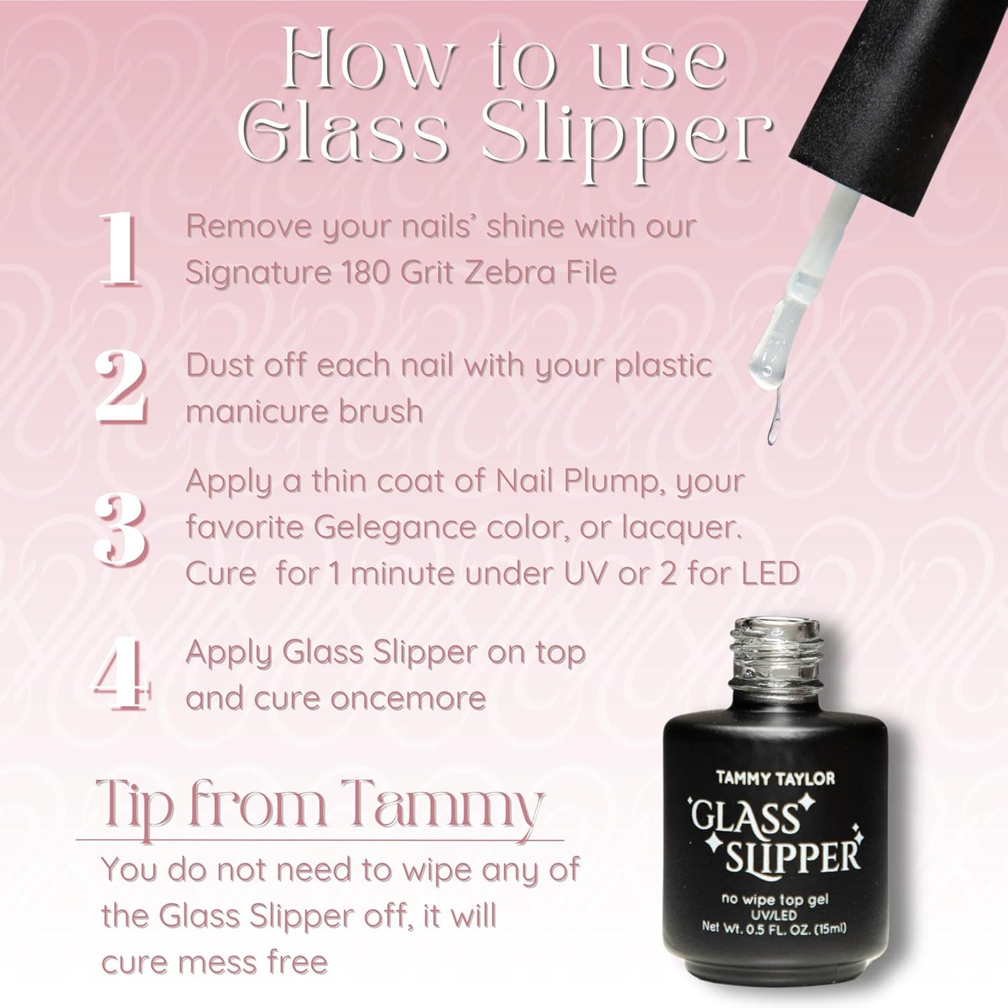Tammy Taylor Glass Slipper No Wipe Gel Top Coat Nail Polish, Professional UV/LED Quick Cure Manicure Finish, Non Yellowing, No Chip, High Gloss Clear Gel Polish for Acrylic Tips and Gelegance