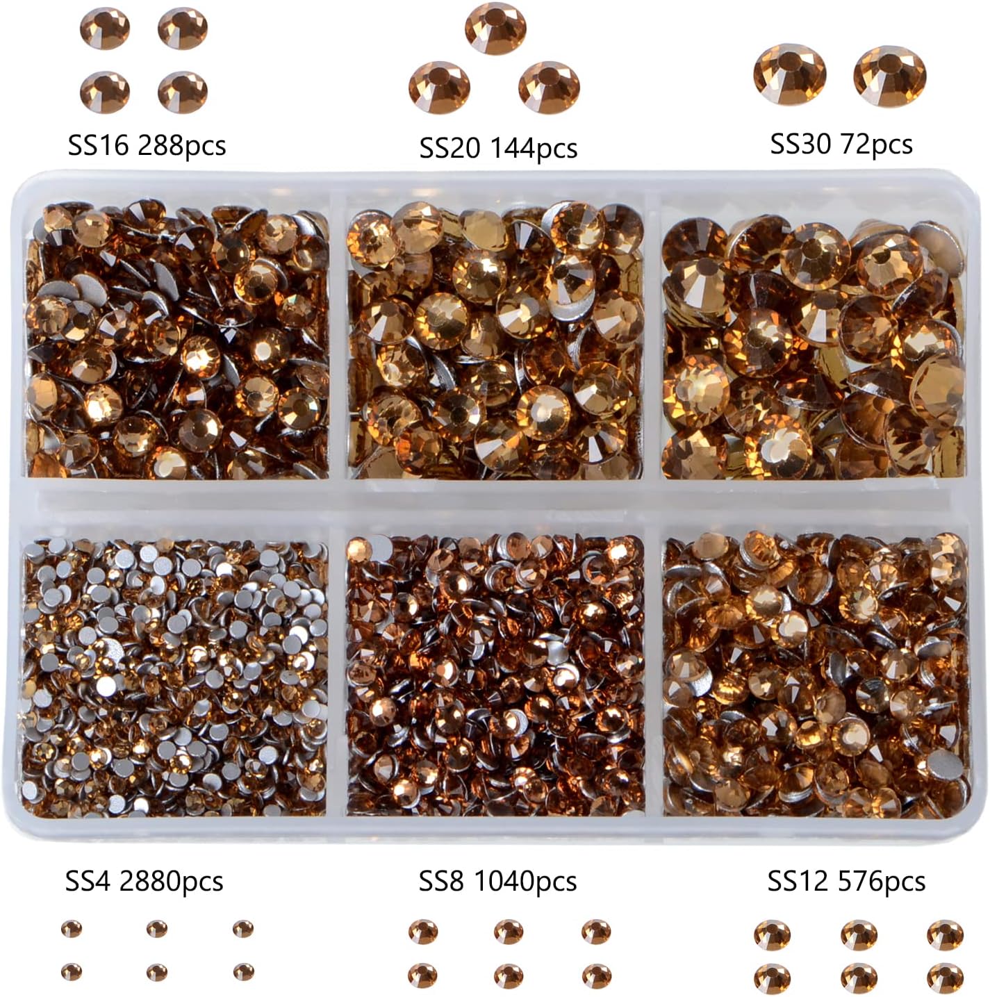 Bymitel 5000 Pieces 6 Mixed Sizes Glue Fix on Glass Rhinestones Round Crystal Gems Flatback for DIY Jewelry Making with one Picking Pen(6-Sizes 5000PCS, Lt. Topaz)