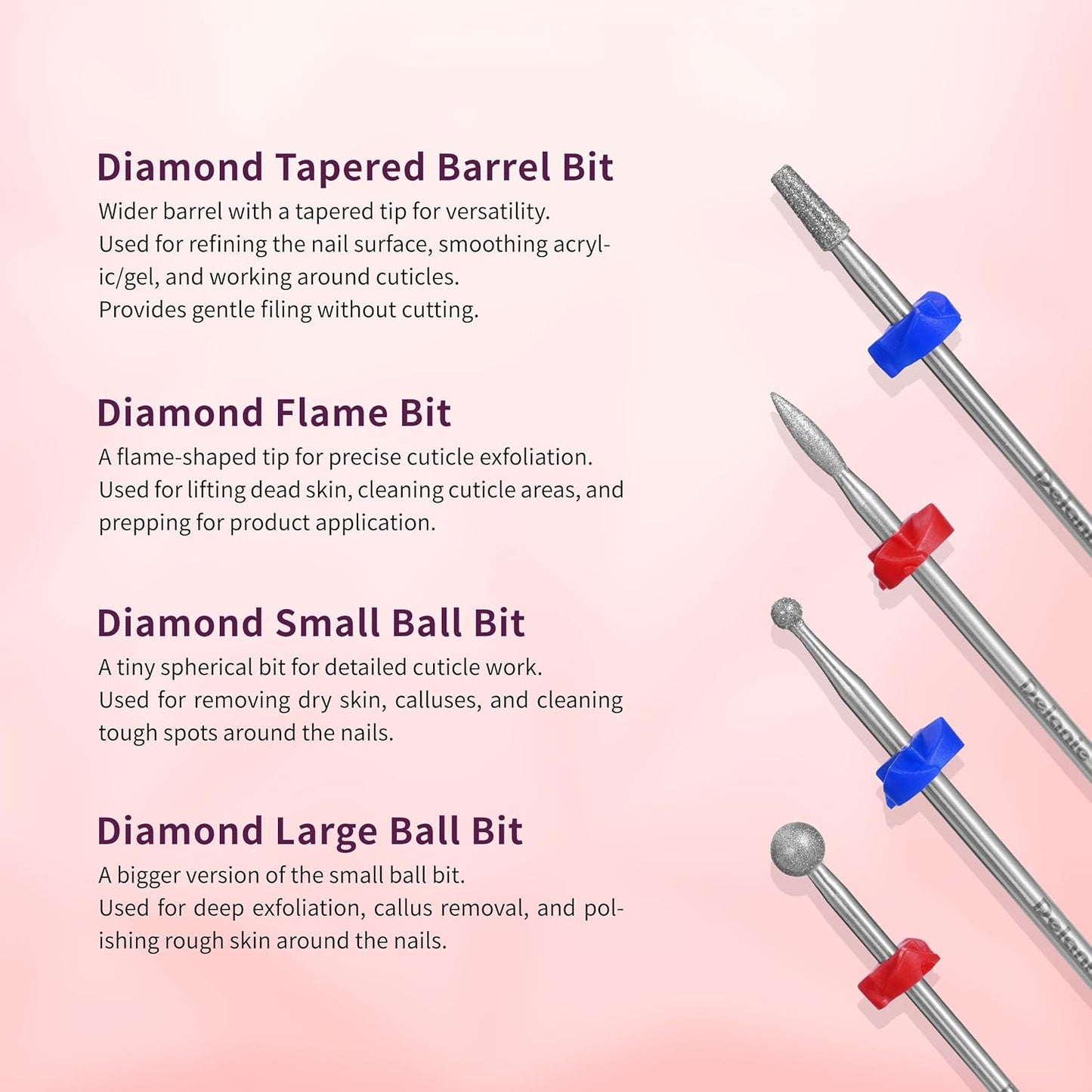 Delanie Professional Nail Drill Bit Set, 7 Pieces with Holder, Carbide and Diamond Bits, Model BS001