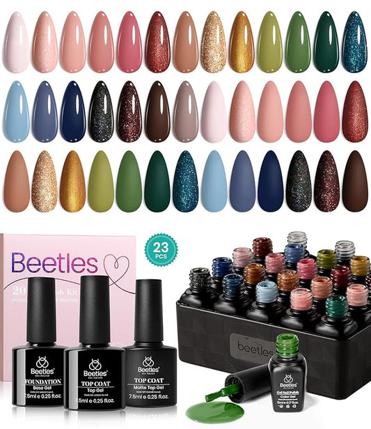 Beetles Brown Gel Polish Set - 20 Colors Nude Gel Nail Polish Shimmer Brown Red Green Blue Glitter with Base&Top Coat Soak off UV DIY Home Fall Manicure Kit for Gift Set