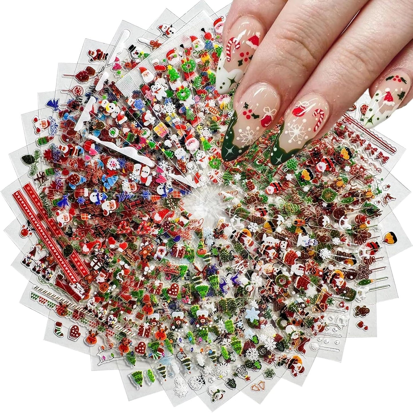 30PCS Christmas Nail Art Stickers Snowflakes Claus Reindeer 3D Self-Adhesive Xmas Nail Decals Nail Art Supplies Xmas Tree Wreath Gingerbread Man Design Christmas Stickers for Holiday Nail Decorations
