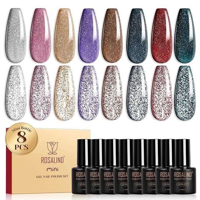 ROSALIND Reflective Glitter Gel Nail Polish, 8 Color Glitter Gel Polish Sparkle Shiny Effect Silver Sparkling Professional Soak Off UV Gels