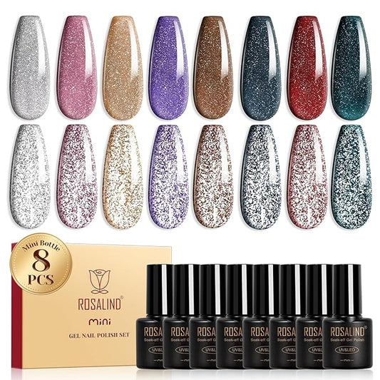 ROSALIND Reflective Glitter Gel Nail Polish, 8 Color Glitter Gel Polish Sparkle Shiny Effect Silver Sparkling Professional Soak Off UV Gels