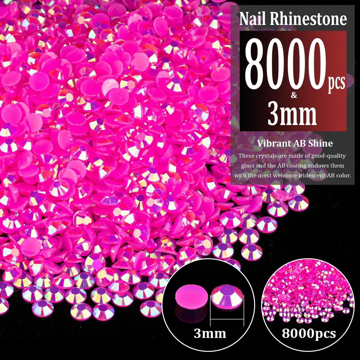 8000pcs 3mm Resin Rhinestones Bulk, Hot Pink AB Flatback Round Jelly Rhinestones Bedazzling Non Hotfix Crystal Gems Large Quantity Wholesale for DIY Crafts Clothes Tumblers Face Makeup Manicure