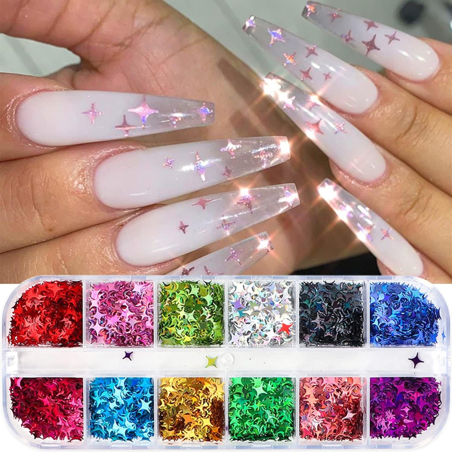 12 Colors Star Nail Art Stickers Glitter Four-Pointed Star Flakes Nail Art Sequins Paillette Confetti Holographic Laser Shining Gel Colorful Nails Decoration DIY Acrylic Nail Supplies Manicure Tips