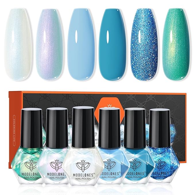 modelones Blue Nail Polish Set, 6 Colors White Green Glitter Pearl Mermaid Quick Dry Mini Starter Kit, Long Lasting Art DIY Manicure Set at Home for Women Girls