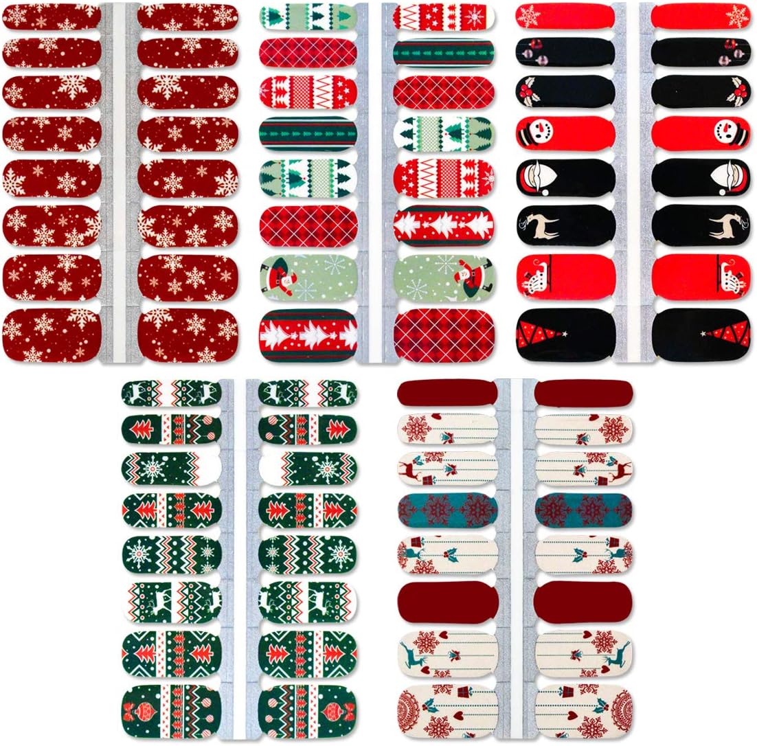 WOKOTO 5 Sheets Christmas Adhesive Nail Art Polish Stickers Tips with 1Pc Nail File Nail Wraps Decals Strips Set Manicure Holiday Pack