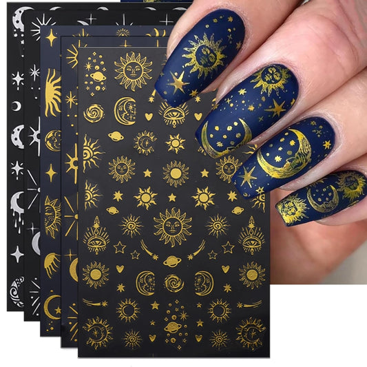 8 Sheets Gold Sun Nail Art Stickers - Sliver Moon Star Self-Adhesive 3D Nail Decals for DIY Golden Slivery Manicure