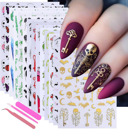 Halloween Stickers for Nails Art 12PCS 3D Cute Ghost Skull Nail Decals with Tweezers Self Adhesive Luminous Designs Acrylic Nails Supplies Bat Skeleton Spider Web Stickers for Women Girl DIY Decor