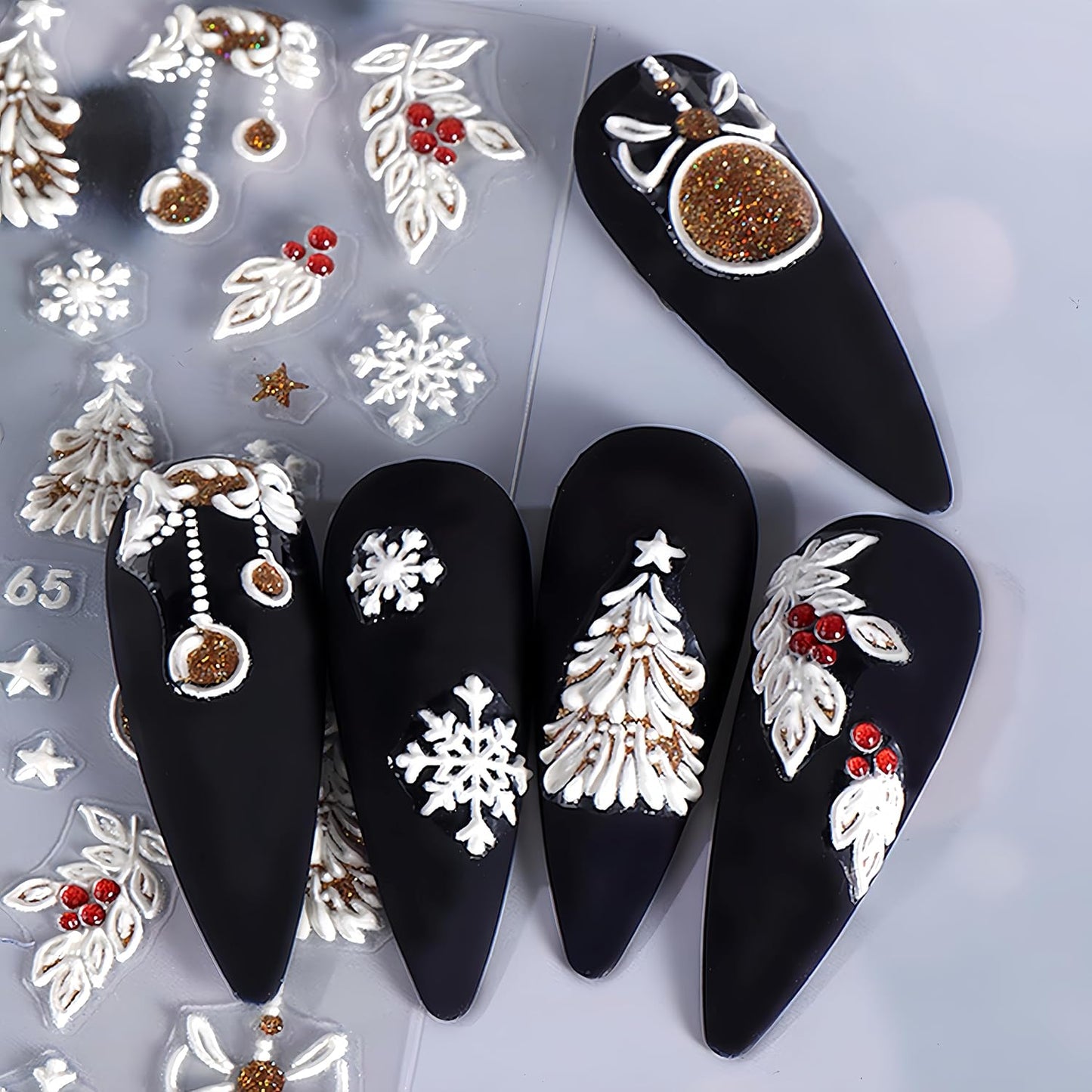 3 Sheets Christmas Nail Art Stickers 5D Embossed Christmas Snowflake Elk Self-Adhesive Gold Glitter Bowknot Nail Design Cute Bear Bell Snowman Women Nail Decoration