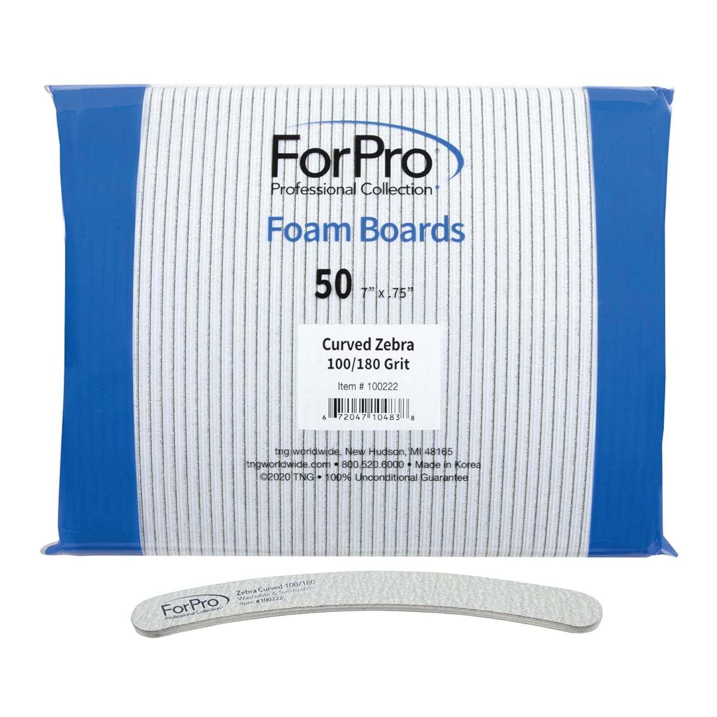 ForPro Professional Collection Zebra Curved Foam Board, 100/180 Grit, Double-Sided Manicure and Pedicure Nail Files, 7” L x .75” W, 50-Count