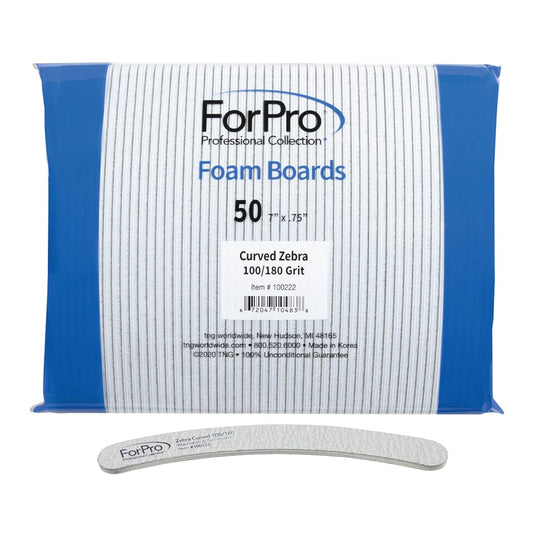 ForPro Professional Collection Zebra Curved Foam Board, 100/180 Grit, Double-Sided Manicure and Pedicure Nail Files, 7” L x .75” W, 50-Count