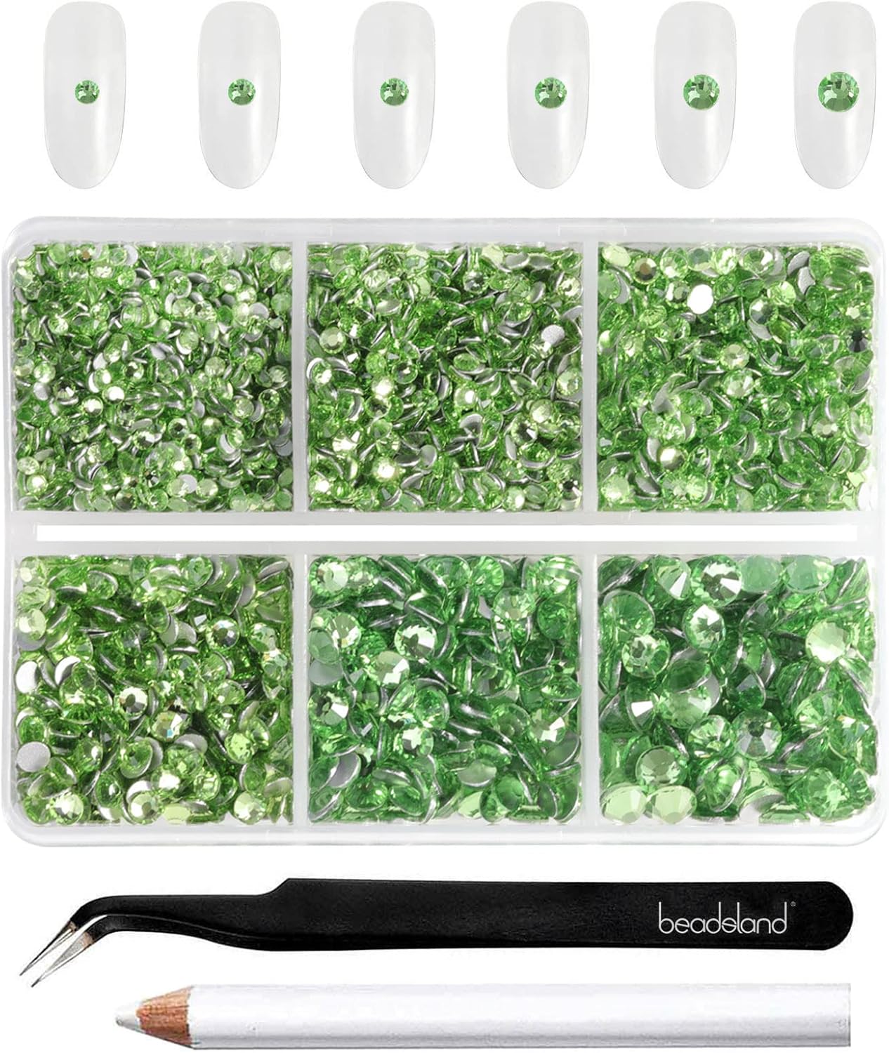 Beadsland 4300pcs Flatback Rhinestones, Light Green Nail Gems Round Crystal Rhinestones for Crafts, Mixed 6 Sizes with Picking Tweezers and Wax Pencil Kit, SS6-SS20, Peridot/Light Green