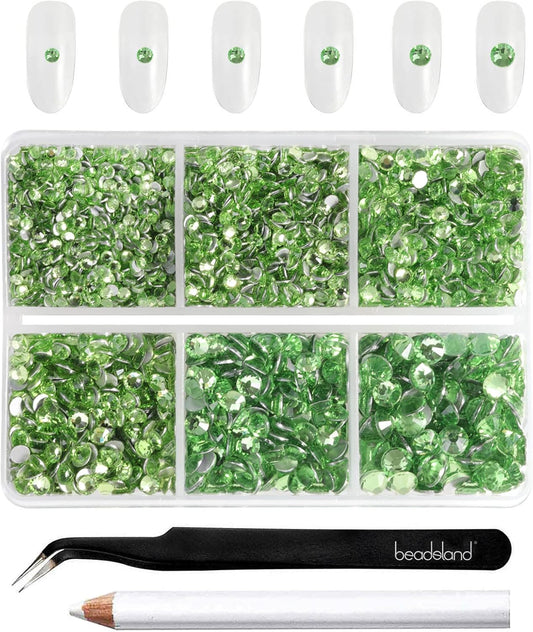 Beadsland 4300pcs Flatback Rhinestones, Light Green Nail Gems Round Crystal Rhinestones for Crafts, Mixed 6 Sizes with Picking Tweezers and Wax Pencil Kit, SS6-SS20, Peridot/Light Green