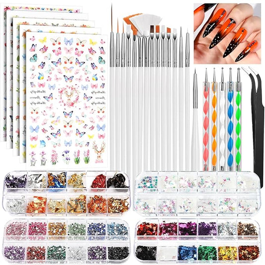 FANDAMEI Nail Tools, Nail Art Brushes Set, Nail Art Dotting Tools, Nail Stickers, Butterfly Nail Art Sequins, Nail Foils, Nail Art Flakes Iridescent, Nail Art Kits, Rhinestones For Nails Design