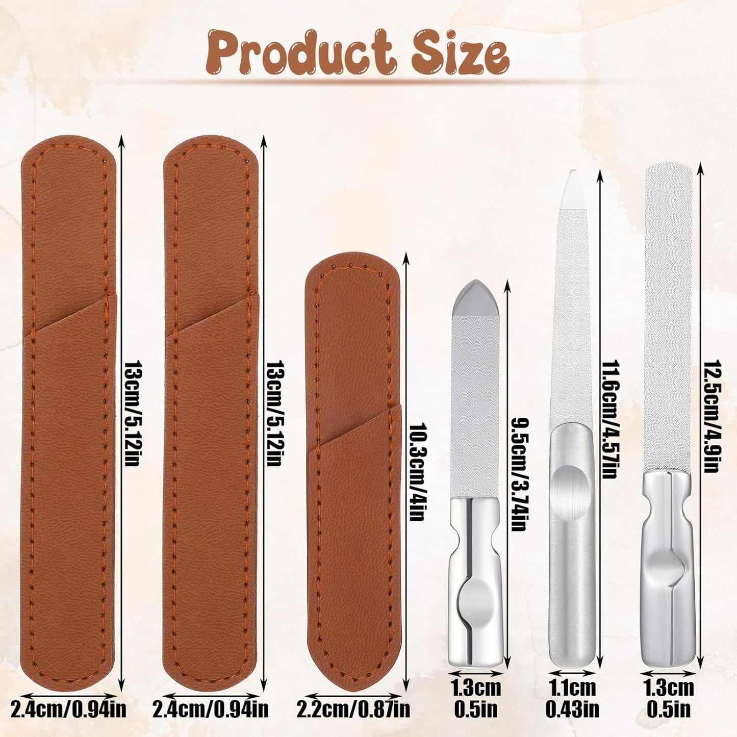 Stainless Steel Nail Files with Leather Case, 3 Sizes Files Set Double Sided Anti-Slip Handle Metal Nail Buffer Pointed Tip Manicure Tool Professional Curved Rasp Natural Fingernail Home Salon