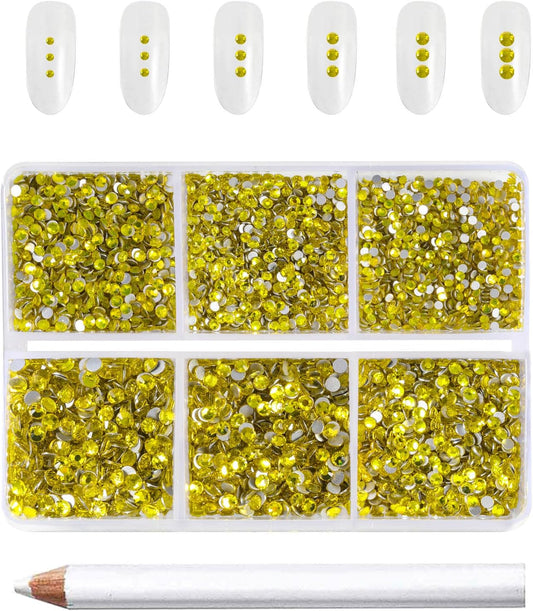 Beadsland 7200pcs Flatback Rhinestones,Yellow Rhinestone Nail Gems Round Crystal Rhinestones for Crafts,Mixed 6 Sizes with Wax Pencil Kit, SS3-SS10,Citrine/Lemon Yellow
