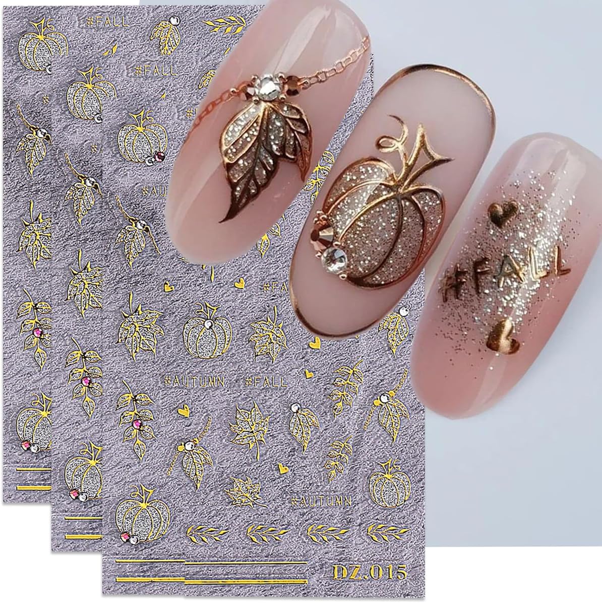 Fall Nail Art Stickers Autumn Pumpkin Maple Leaf Crystal Nail Decals 3PCS Gold Fall Leaf Pumpkin Heart Nail Design Adhesive Stickers Nail Art Supplies for Thanksgiving Day DIY Nail Decoration