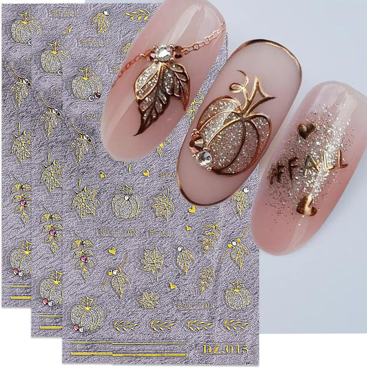 Fall Nail Art Stickers Autumn Pumpkin Maple Leaf Crystal Nail Decals 3PCS Gold Fall Leaf Pumpkin Heart Nail Design Adhesive Stickers Nail Art Supplies for Thanksgiving Day DIY Nail Decoration