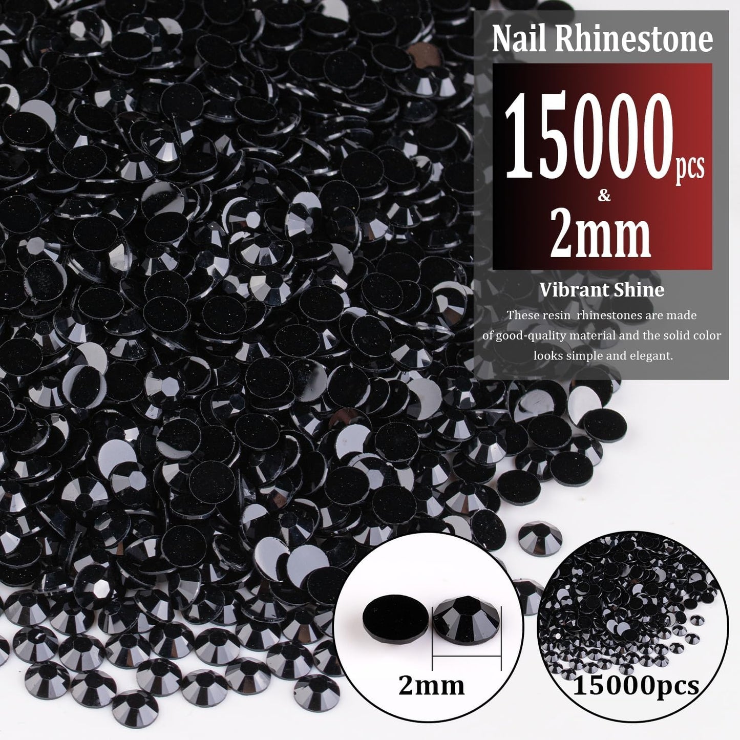15000pcs 2mm Resin Rhinestones Bulk, Black Flatback Round Jelly Rhinestones Bedazzling Non Hotfix Crystal Gems Large Quantity Wholesale for DIY Crafts Clothes Bottles Tumblers Face Makeup Manicure
