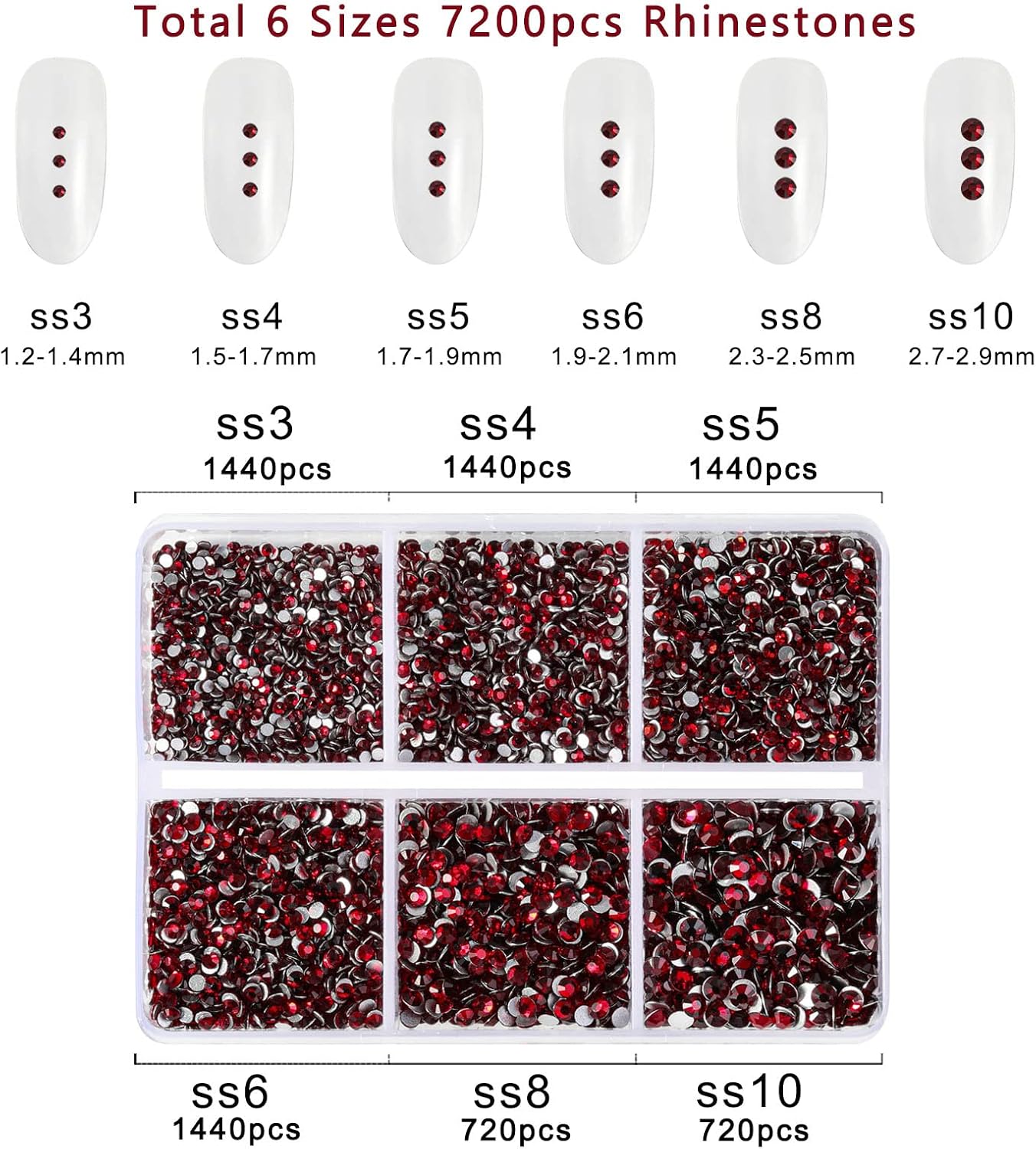 Beadsland 7200pcs Flatback Rhinestones,Dark Red Rhinestone Nail Gems Round Crystal Rhinestones for Crafts,Mixed 6 Sizes with Wax Pencil Kit, SS3-SS10,Dark Siam