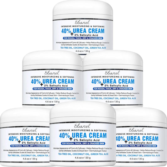 Ebanel Urea Cream 40% plus Salicylic Acid 2%, Foot Cream for Dry Cracked Heels Feet Knees Elbows Hands, Foot Dead Skin Cuticle Callus Remover Toenail Softener, Keratolytic Skin Barrier Repair, 6-Pack