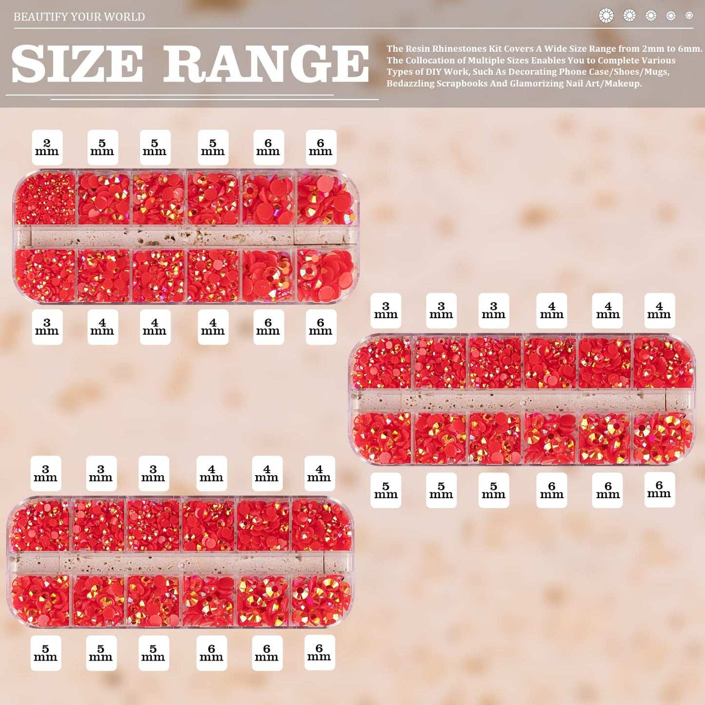 5000PCS Resin Rhinestones with Tweezers for Crafting, 2/3/4/5/6mm Flatback Jelly Rhinestones, 3 Box Red AB Non Hotfix Crystal Gems for DIY Crafts Mugs Tumblers Clothes Makeup Nail