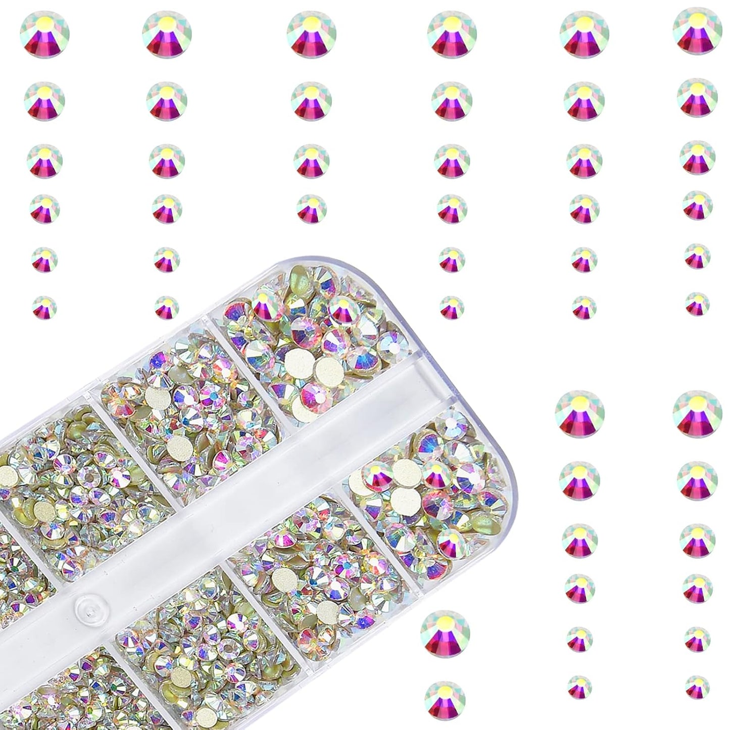 HUETFAT 2400 Pieces Flat Back Gems Round Crystal AB Rhinestones 6 Sizes (1.9-4.5 mm) with Storage Organizer Box Wax Pencil Tweezers for Nail Art Clothes Shoes Bags Crafts DIY （Crystal AB）
