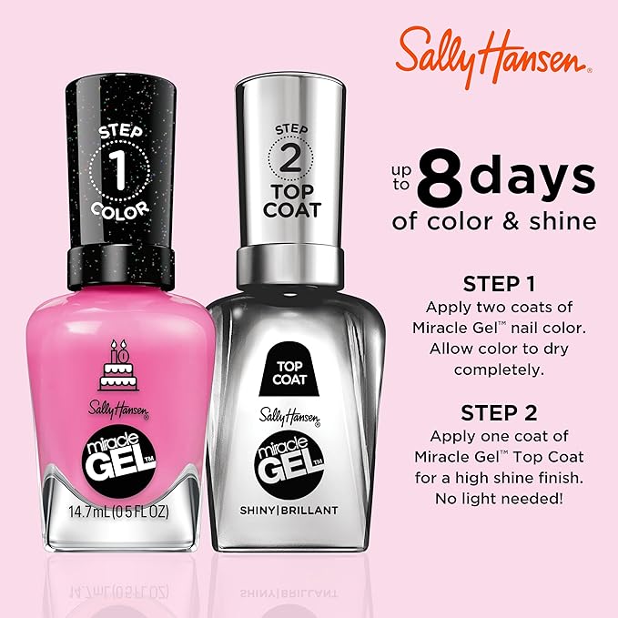 Sally Hansen Miracle Gel Salon Quality Nail Polish | Gel-Like Formula, Two-Step System, No UV Light Needed, Long Lasting | Opaque, Glossy | 340 Party of Hue | Magenta Pink Nail Color