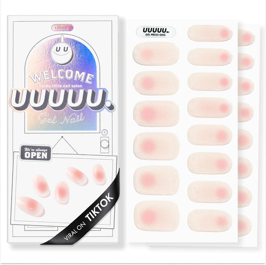 UUUUUU Semi Cured Gel Nail Strips | Salon-Quality | UV Free Gel Nail Wraps for Women | Easy Peel&Stick | Long-Lasting up to 14 Days | 28 Strips Set+File & Wipes | Gift-Ready (UGN157 Coral Cheek)