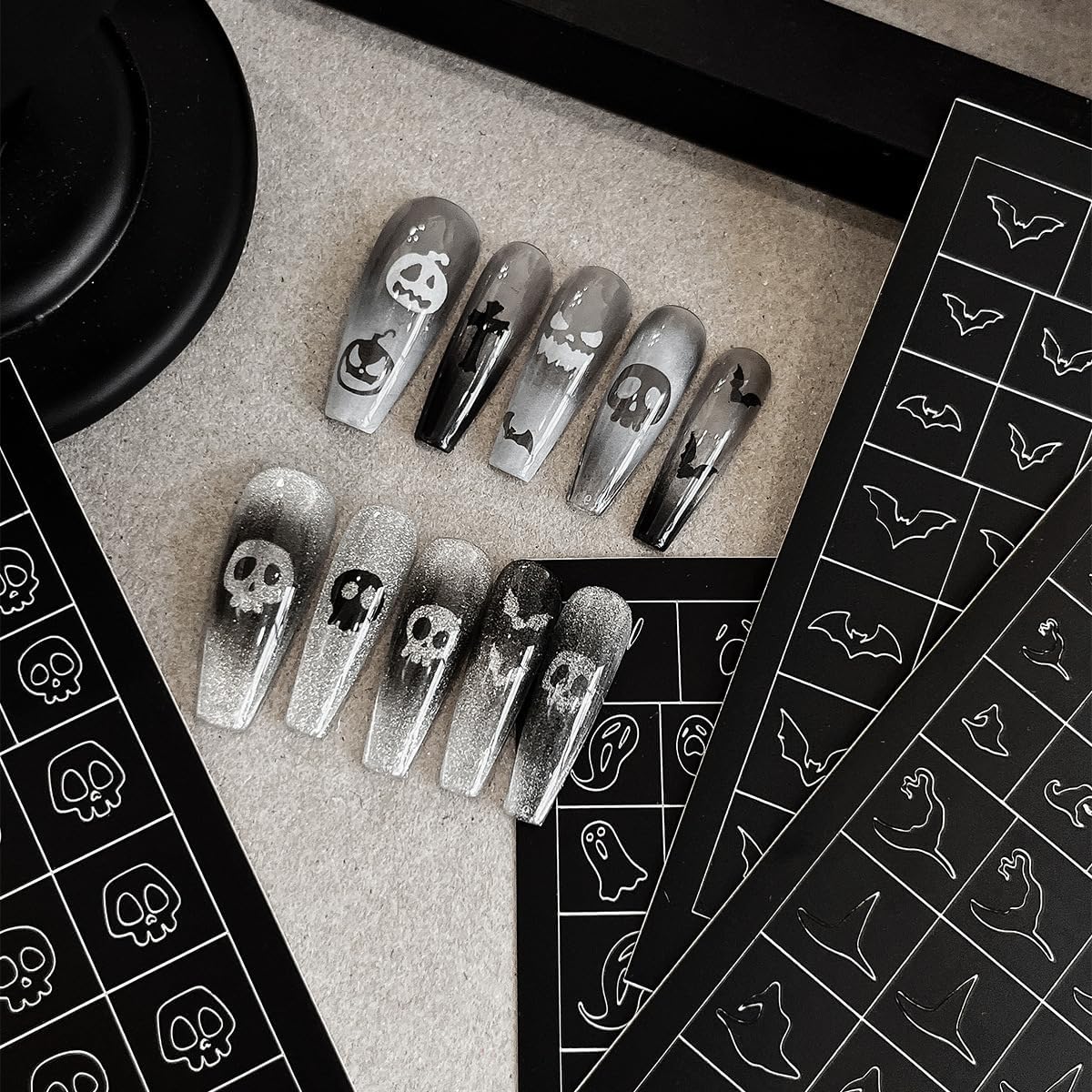 Halloween Nail Stickers Airbrush Stencils Stickers for Nail Art with Skull Ghost Witch Bat Pumpkin Grimace Designs Supplies Design Nail Guide for Manicure Nails Decoration 6 Sheets