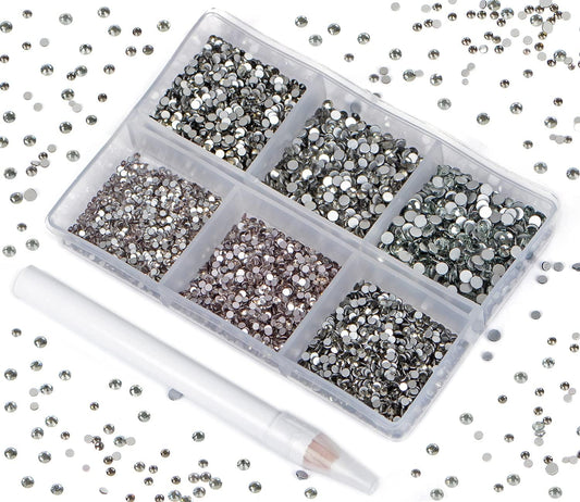 Bymitel 7200 Pieces 6 Mixed Sizes Glue Fix on Glass Rhinestones Round Crystal Gems Flatback for DIY Jewelry Making with one Picking Pen(6-Sizes 7200PCS, Black Diamond)