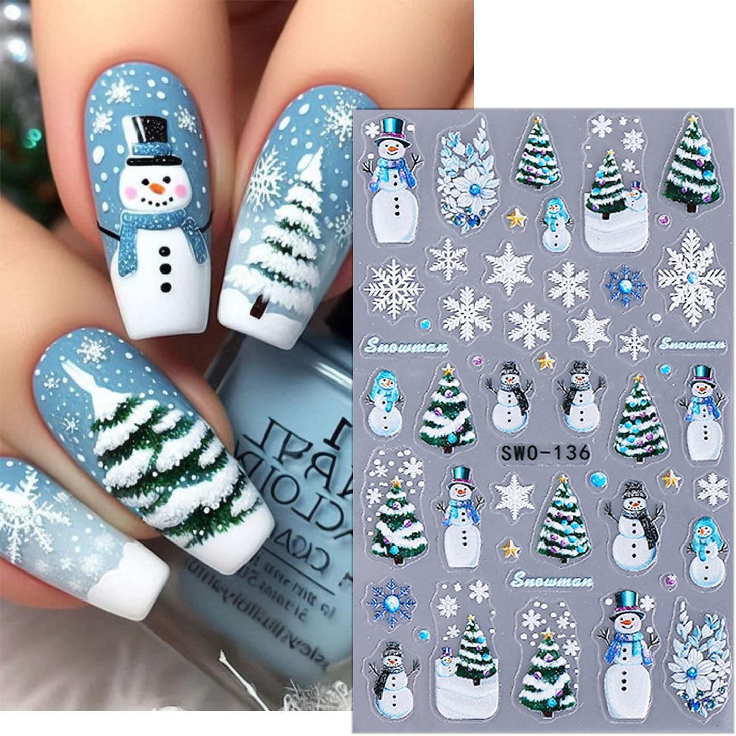 2 Sheets 5D Christmas Nail Stickers for Nail Art Self-Adhesive Embossed Winter Snowman Christmas Tree Snowflakes Xmas Gingerbread Man Nail Decals New Year Nail Design Sticker for Women DIY Manicure