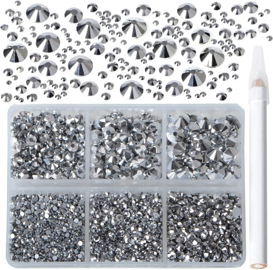 Bymitel 5000 Pieces 6 Mixed Sizes Glue Fix on Glass Rhinestones Round Crystal Gems Flatback for DIY Jewelry Making with one Picking Pen(6-Sizes 5000PCS, Labrdor)