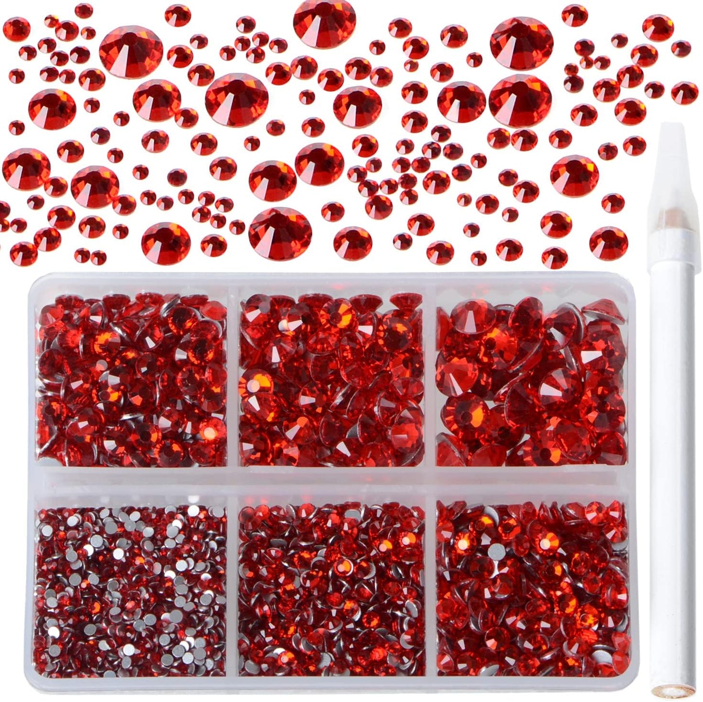 Bymitel 5000 Pieces 6 Mixed Sizes Glue Fix on Glass Rhinestones Round Crystal Gems Flatback for DIY Jewelry Making with one Picking Pen (6-Sizes 5000PCS, Siam)