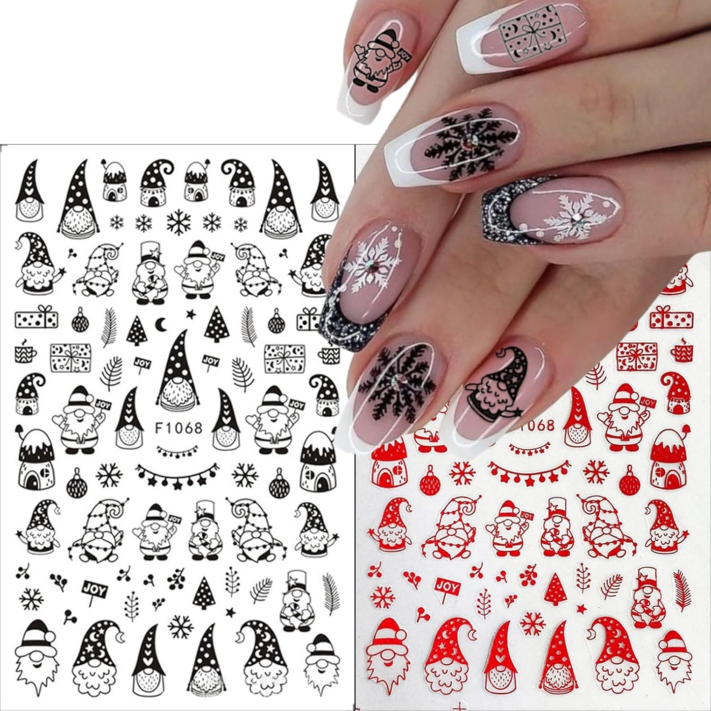 6 Sheets Christmas Nail Art Stickers 3D Self-Adhesive Pegatinas Uñas Navidad Holiday Red black Snowflake Elk Snowmen Xmas Tree Design Winter Supplies Nail DIY Christmas Nail Decoration for Women Girls