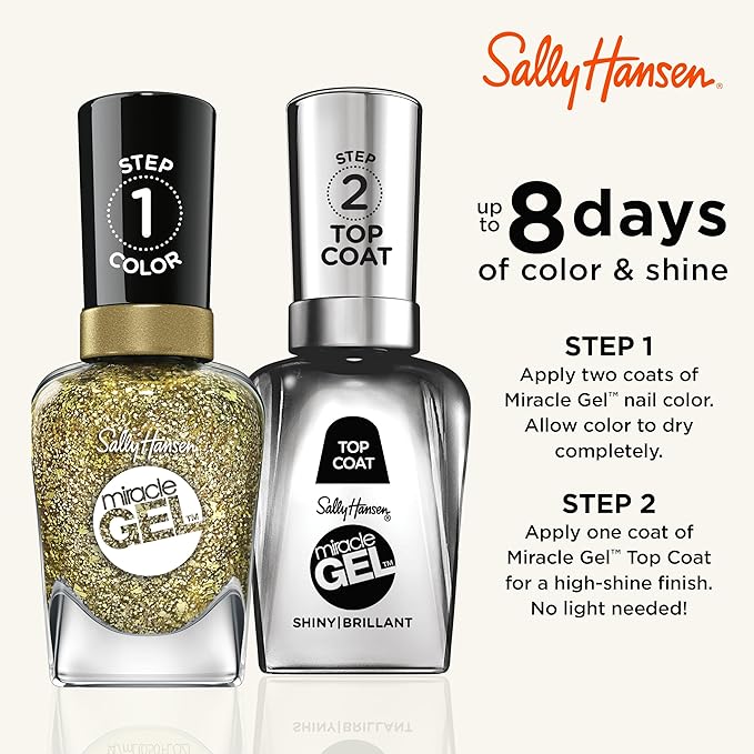 Sally Hansen Miracle Gel Salon Quality Nail Polish | Gel-Like Formula, Two-Step System, No UV Light Needed, Long Lasting | Semi-Opaque, Glittery | 777 Sunken Treasure | Gold Glitter Nail Polish