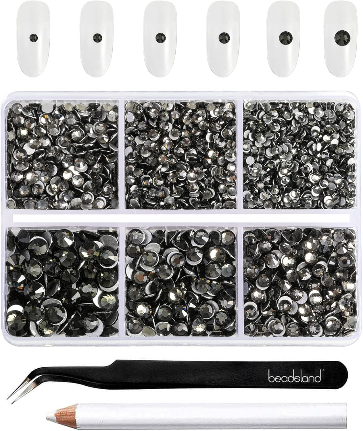 Beadsland 4300pcs Flatback Rhinestones,Gray Rhinestone Nail Gems Round Crystal Rhinestones for Crafts,Mixed 6 Sizes with Picking Tweezers and Wax Pencil Kit, SS6-SS20,Black Diamond