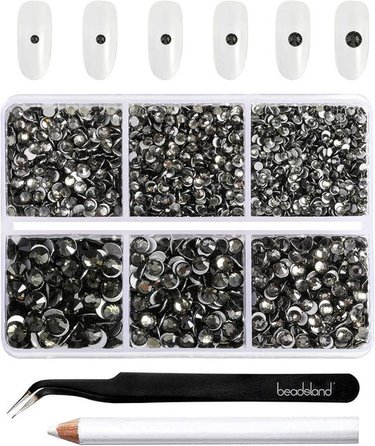Beadsland 4300pcs Flatback Rhinestones,Gray Rhinestone Nail Gems Round Crystal Rhinestones for Crafts,Mixed 6 Sizes with Picking Tweezers and Wax Pencil Kit, SS6-SS20,Black Diamond