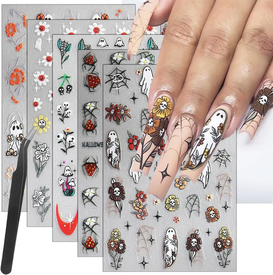 5 Sheets Halloween Nail Art Stickers Horror Skull Flower Nail Stickers Scary Embossed Ghost Spider Web Nail Decals 5D Self-Adhesive Strawberry Spider Nail Decoration for Women Girls Nail Designs