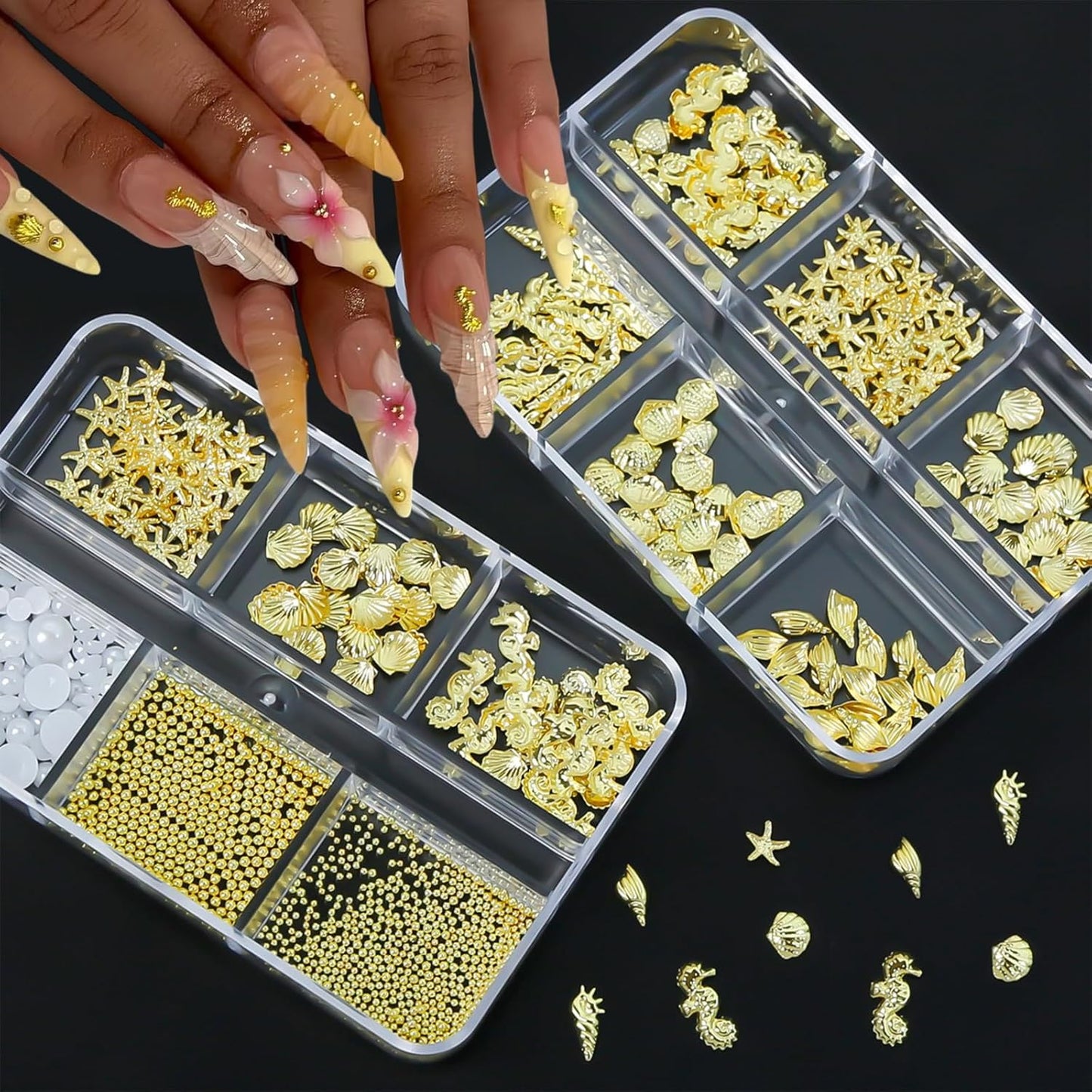 2 Boxes Summer Shell Nail Art Charms 3D Metal Mixed Shapes Gold Shell Seahorse Starfish Conch Alloy Nail Rivets with Flatback Pearls Nail Charms Summer Ocean Theme DIY Crafts Manicure Decoration