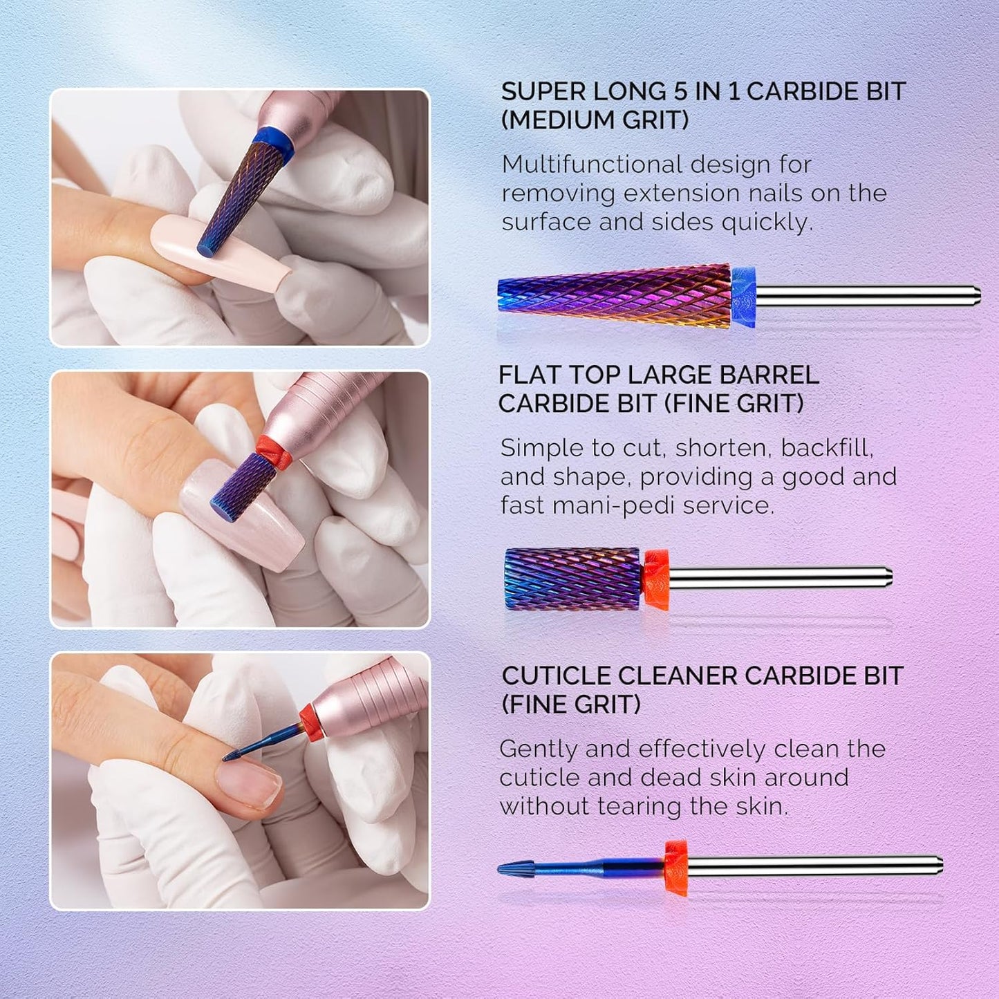 MelodySusie 3Pcs Nail Drill Bits Set, 3/32'' Carbide Tungsten Bits, Super Long 5 in 1, Flat Top Large Barrel and Cuticle Bits, Suitable for Manicure Pedicure Cuticle Gel Acrylic Remover, Purple