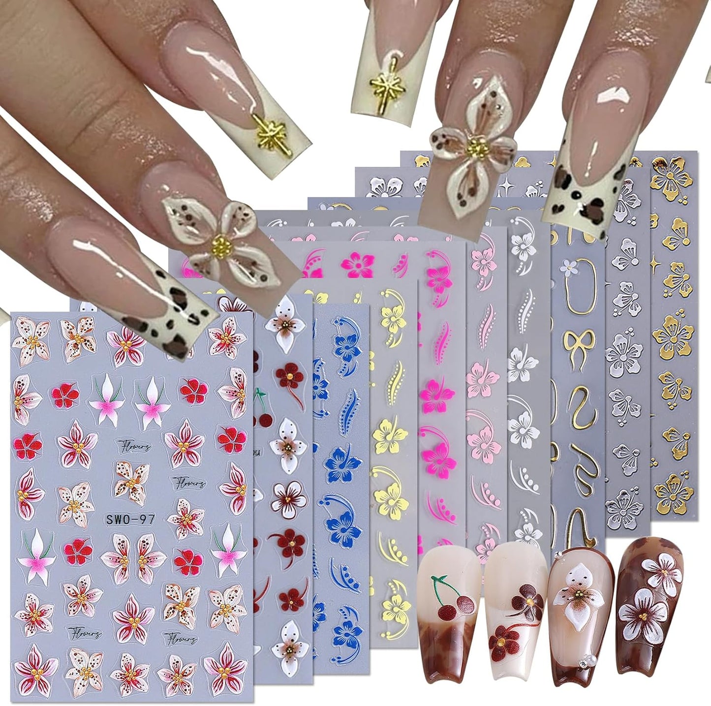 Flower Fall Stickers for Nails 10 PCS Brown Hibiscus Nail Art Decals 3/5D Self-Adhesive Pink Blue White Flowers Stickers Beach Autumn Nail Design DIY Charms Manicure Decoration Nail Supplies