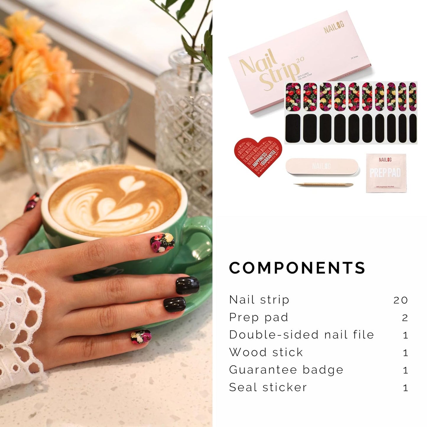 NAILOG Semi Cured Gel Strips - 20 Pcs Nail Stickers | Buy 2 Get 1 UV Light | Extra Long Wraps With Glossy Gel Finishing Black Flowers, Poppy