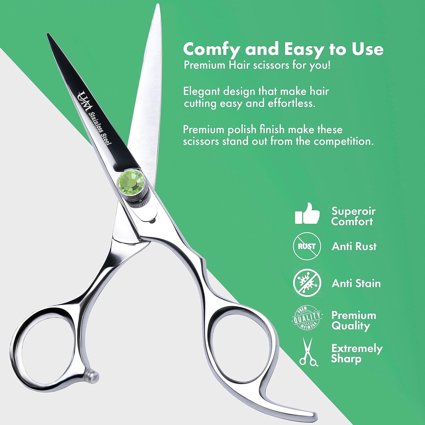 UM Supplies Scissors 6.5 | Premium Barber Shears For Hair Cutting | Multiple Purpose Cutting Scissors | Haircut Scissors For Salon I Women | Mens | kids I Pets | Silver-Green