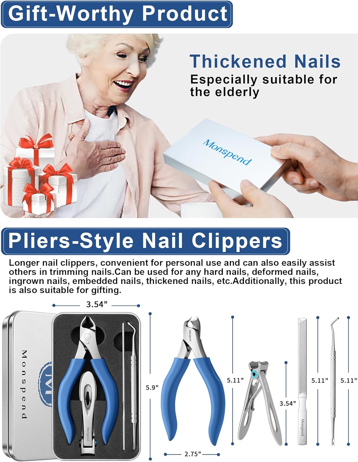 Toenail Clippers for Seniors Thick Toenails, Heavy-Duty Toenail Clippers, Adult Thick Toenail Long Handle,Aluminum Storage Box (Blue)